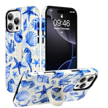 Imagem de Ufbara Capa compatível com iPhone 16 Pro Max, design bonito e brilhante com concha do mar, alça de pulso ajustável, suporte de mão, suporte, suporte, à prova de choque, capa rígida (azul)