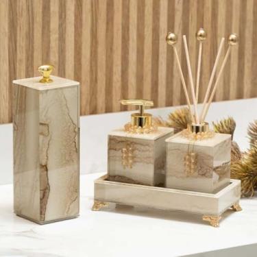 Imagem de KIT LAVABO COMPLETO EFEITO MÁRMORE COM PORTA ESCOVA DE DENTE BANDEJA 20X10 (NUDE MESCLADO)