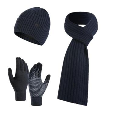Imagem de Gorro masculino de malha quente de inverno para homens, luvas de tela sensível ao toque, para mulheres, cachecol térmico, capa de pescoço inteiro, azul marinho