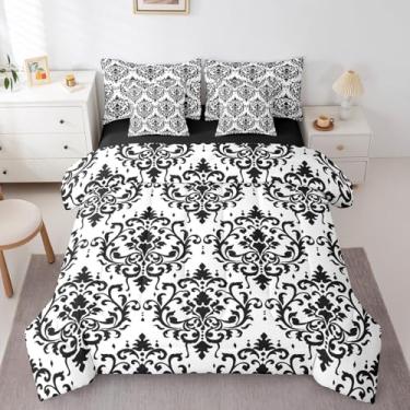 Imagem de Erosebridal Jogo de cama solteiro damasco, floral elegante antigo, boêmio exótico (edredom + lençol de cima + 2 fronhas + 2 fronhas + 2 fronhas), conjunto de cama com 7 peças, preto e branco