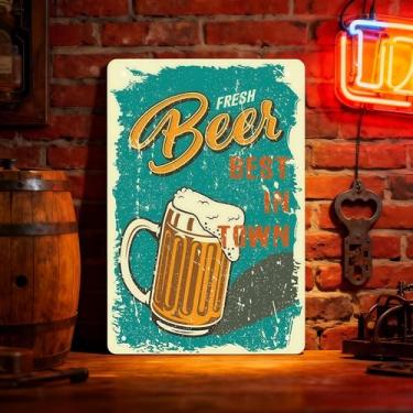 Imagem de 1 peça de arte de parede de metal de cerveja artesanal - Decoração de torneira vintage para Man Cave Bar, placa rústica de cerveja fria e bons amigos com detalhe de tampa de garrafa, azul