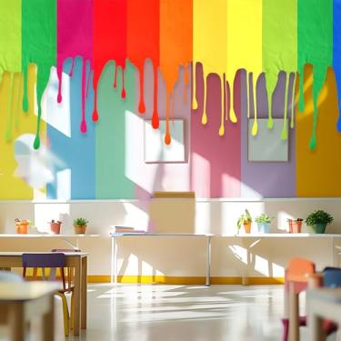 Imagem de SmoothNovelty 2 peças de decoração de parede de pano arco-íris 2,5 x 1 m pano de tinta colorida arco-íris com gotas salpicadas vazando, molde decorativo gráfico bonito acabamento de parede para creche