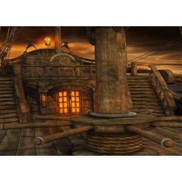 Imagem de Loccor 2,4 x 1,8 m Tecido Vintage Pirata Veleiro Pano de Fundo de Madeira Pirata Navio Deck Rover Vela Fotografia Fundo Tema de Halloween Pirata Decorações de Festa Crianças Adultos Adereços de