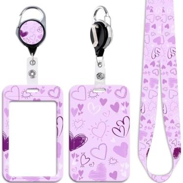 Imagem de Cordão roxo para crachá de identificação para chaves de crachá de identidade, chaveiro retrátil de coração de amor, clipe de carretel de crachá de serviço pesado, chaveiro fofo, suporte de