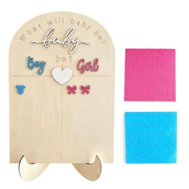 Imagem de Tabuleiro de revelação de gênero de bebê de madeira com suporte, conjunto de jogo de votação de menino ou menina, quadro de exibição de 43 x 30 cm, 50 ícones de adivinhação azuis e rosa, decoração de