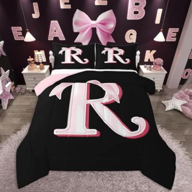 Imagem de jejeloiu Kawaii, conjunto de edredom com laço rosa, presente para mulheres adolescentes, tamanho solteiro, conjunto de cama personalizado com letra R, ultramacio, preto, rosa, monograma, edredom