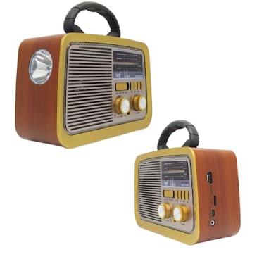 Imagem de Rádio Retrô Portátil com Bluetooth, 5W, Alto-falante 3 Polegadas, AM/FM/SW, Lanterna LED, Bateria Recarregável 1200mAh, Entrada USB/SD, 21x16x10cm (Madeira claro)