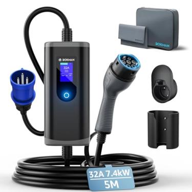 Imagem de bokman Carregador Portátil para Carro Elétrico Bokman, Tipo 2 (32A, 7kW, Cabo 5m) com CEE Plugue - Compatível com BYD Dolphin/Tang, MG4, e-JS1, e-tron