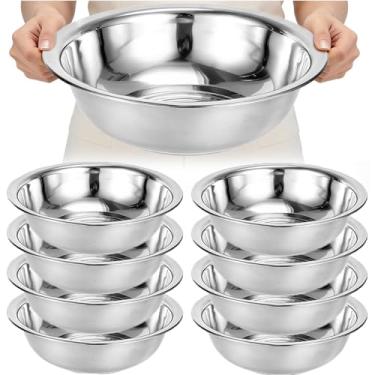 Imagem de 8 tigelas de mistura de aço inoxidável extra grande bacia de metal com acabamento espelhado, tigela de massa de salada resistente, tigela de preparação de cozinha, lavável na máquina de lavar louça