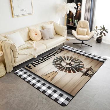 Imagem de Tapete retrô de moinho de vento para adolescentes adultos, tapete vintage de madeira para ambientes internos, tapete com padrão xadrez branco e preto, tapete decorativo rústico estilo fazenda para