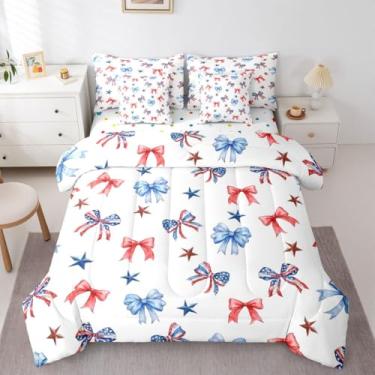 Imagem de Erosebridal Jogo de cama com laço de 7 peças, conjunto de edredom americano completo com estampa de estrelas vermelhas e azuis em uma bolsa, laço kawaii, fofo, para crianças, meninas e mulheres