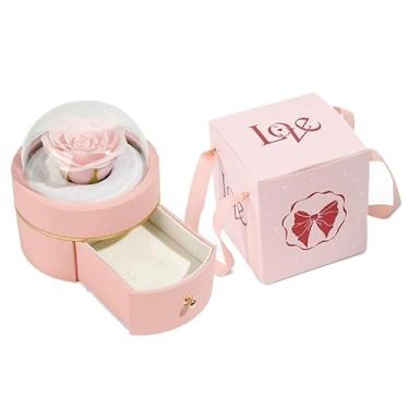 Imagem de Caixa de joias vazia com rosa eterna para colares, anéis, baús para ela/mulheres no dia das mães, aniversário, dia dos namorados, Natal, presentes românticos de aniversário (rosa)