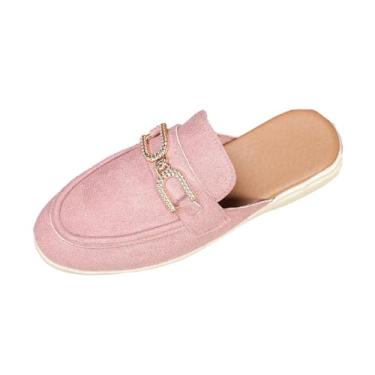 Imagem de Sandálias rasteiras femininas com enfeites de estilo étnico, meio chinelos confortáveis para uso casual ao ar livre., rosa, 36