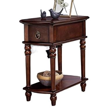 Imagem de Mesa lateral de madeira moderna, mesa de canto estreita com prateleira de armazenamento aberta e gaveta, armário de centro retangular retrô para sala de estar, mesa lateral para quarto simples (marrom