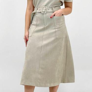 Imagem de Saia Pacific Blue Midi em Suede com Cinto Feminina, M, Bege