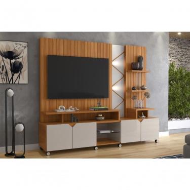 Imagem de Painel para TV Home Cross Frisado 55" 210cm MDP com Iluminação LED Jequitiba e Off White Perolizado Lukaliam Móveis