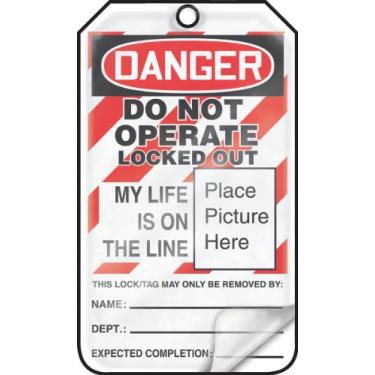 Imagem de Accuform Signs MLT611LPP Etiqueta de bloqueio autolaminada, Legend "DANGER DO NOT OPERATE LOCKED OUT MY LIFE IS ON THE LINE (coloque a imagem aqui)", 14,6 cm de comprimento x 8,25 cm de largura x 0,01 cm de espessura, RP-Plástico, vermelho/preto sobre branco (pacote com 25)