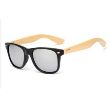 Imagem de Óculos De Sol Bambu Madeira Quadrado Masculino Feminino Proteção UV400 (Prata-Preto)