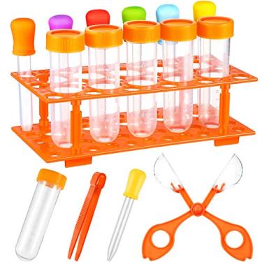 Imagem de Conjunto de 14 peças de ferramentas finas para habilidades motoras, ferramentas de aprendizagem de ciência para crianças, inclui 5 tubos de teste jumbo, 6 conta-gotas de líquido de silicone, 1 suporte de armazenamento, 1 pinça de plástico e 1 colher prática de tesoura de plástico