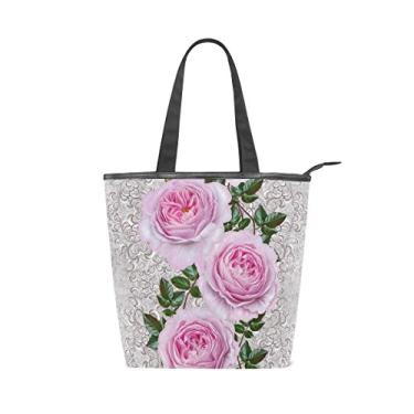 Imagem de Bolsa feminina durável de lona elegante guirlanda de flores rosas rosas grande capacidade sacola de compras bolsa de ombro