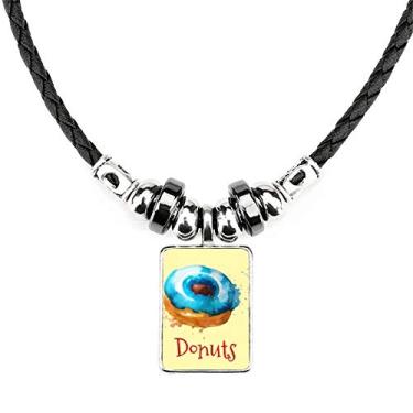 Imagem de DIYthinker Colar de rosquinha azul pintada à mão em aquarela com pingente de corda de couro