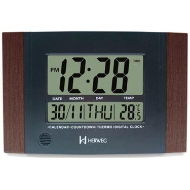 Imagem de Relógio de Parede ou Mesa Digital LCD Calendário Termômetro Madeira Escura Herweg 6438