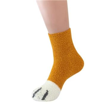 Imagem de Meias felpudas pata de gato fofas mulheres menina kawaii aconchegante inverno quente animal macio confortável dormir chinelo interior dormitório meias de pelúcia, 1 par - amarelo, Large