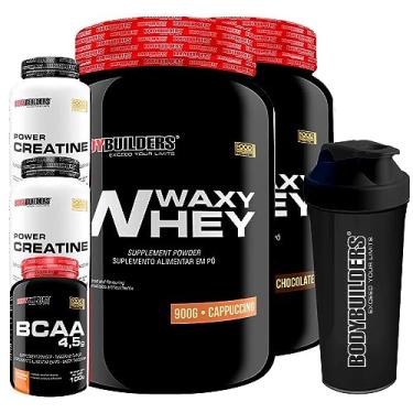 Imagem de Kit 2x Waxy Whey Protein 900g + 2x Power Creatina 100g + BCAA 4,5 100g + Coqueteleira - Bodybuilders (Chocolate e Cappuccino)