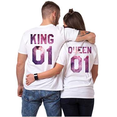Imagem de T-shirt do Casal Husband Wife King Queen Camisa Manga Curta Aniversário 1 Pedaço(SKY-Branco-QUEEN,S)