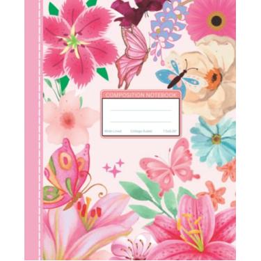 Imagem de Caderno de composição bem forrado: caderno de composição para escola com lindas flores e borboletas fofas | Estética botânica floral rosa | Regido pela faculdade