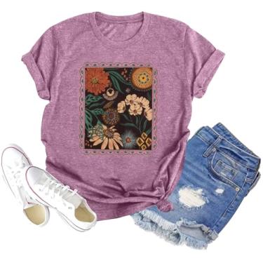 Imagem de Camiseta feminina Sunset Pine Tree, estampa retrô, estampa de sol, casual, manga curta, E 01 - rosa, P