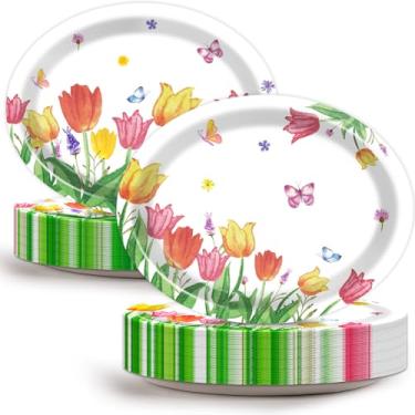 Imagem de Qyeahkj 50 peças de pratos ovais de tulipa de primavera, grandes, 28 cm, decorações de festa de tulipa descartáveis, suprimentos florais, lembrancinha para Páscoa, piquenique, primavera, verão