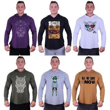 Imagem de Kit 6 Camisetas Manga Longa com Touca Longline Estampada Treino Academia Lazer Casual-Masculino