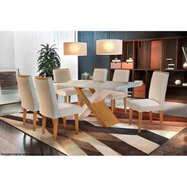 Imagem de Conjunto: Mesa de Cozinha Imperatriz Tampo Madeirado c/ Vidro Canto Reto 180x90cm e 6 Cadeiras Lunara Imbuia/Off White - Suede Creme - Rufato