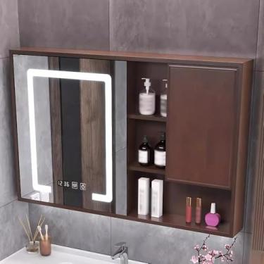 Imagem de Armário de espelho de banheiro HD de 2 portas com exibição de tempo e temperatura, espelho de armário de remédios LED de madeira maciça para banheiro com desembaçador montado na parede para quartos, d