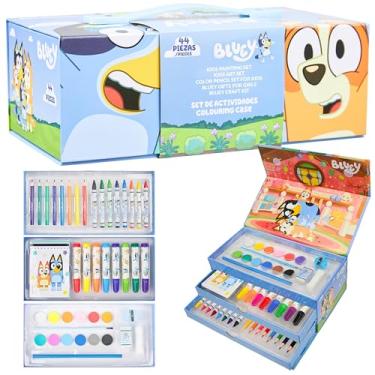 Imagem de Bluey Conjunto de materiais de arte infantis, kit de desenho de pintura lápis de colorir marcadores de cor em estojo de arte de viagem, artes e artesanato divertidos (azul, 3 camadas)