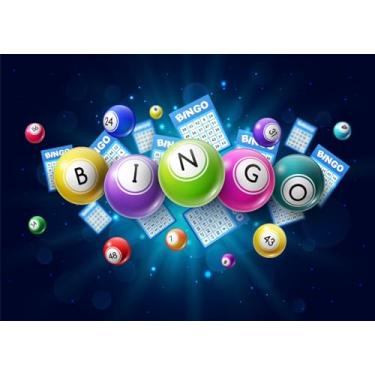 Imagem de CORFOTO Pano de fundo de tecido de 1,5 x 0,9 m com tema noturno de bingo para fotografia, hora de jogo, Snooker, cartões de tempo, bolas de bingo, bola vencedora, fundo azul bokeh para decoração de