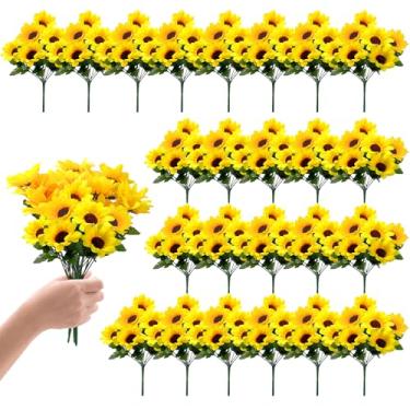 Imagem de TANEMUDO 24 pacotes de flores artificiais de girassol com hastes buquê de plástico falso para uso ao ar livre para casamento, jardim de outono, casa, decoração de janela