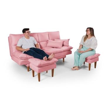 Imagem de Sofá Cama Andorra com 2 Banquetas 3 em 1 Reclinável Multifuncional Suede (ROSA)