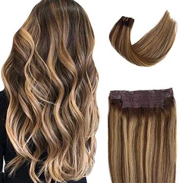 Imagem de Extensões de fio invisíveis, extensões de cabelo halo, cabelo humano, castanho chocolate ombré para loiro caramelo 45,72 cm 80 g de cabelo liso com presilha em extensões de cabelo invisível com linha de peixe para mulheres negras
