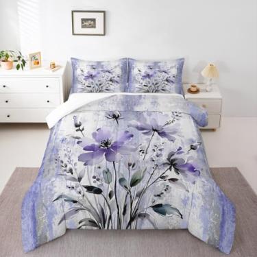 Imagem de Erosebridal Conjunto de cama Queen com flores em aquarela para mulheres, microfibra macia, pintura a óleo, rústico, decoração de quarto de fazenda, roxo ombré, cinza, branco, enchimento de edredom com