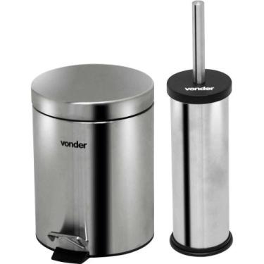 Imagem de Lixeira redonda, 5 litros, inox, cinza, com escova sanitária, VONDER