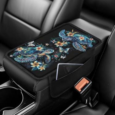 Imagem de Dreaweet Acessórios de carro tartaruga marinha capa de console central preta capa de descanso de braço de carro, almofada de caixa de apoio de braço de carro com bolsos, almofadas macias e