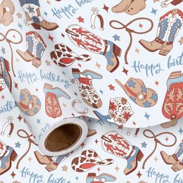Imagem de LeZakaa Rolo de papel de embrulho de aniversário de cowboy para meninos e adolescentes, botas ocidentais, design de laço azul com texto de feliz aniversário, mini rolo de 43 x 16,4 pés