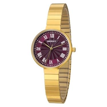 Imagem de BERNY Relógios dourados vintage para mulheres, relógio de pulso feminino delicado, relógios analógicos femininos de quartzo com aço inoxidável, pulseira de expansão patenteada 3ATM, índices romanos