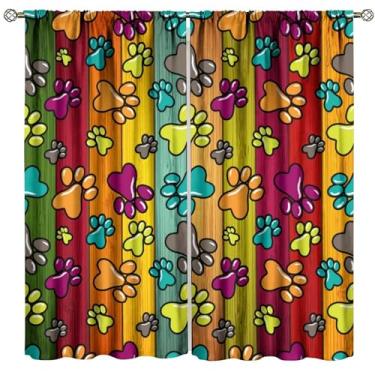 Imagem de Fblifil Cortina de patas de cachorro, rústica, placa de madeira de celeiro antigo, colorido, cães, gato, pata, estampa abstrata, estampa de pegada de animal, cortinas de janela modernas para decoração