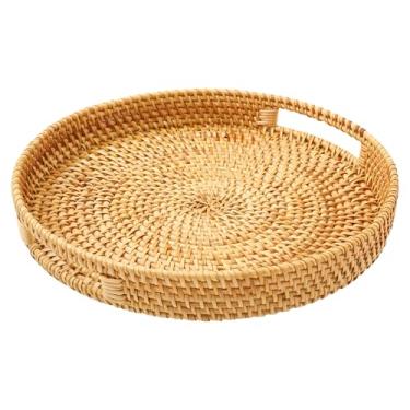 Imagem de Bandeja redonda de vime, cesta de servir tecida à mão com alças, cesta plana de tecido natural, bandeja decorativa de vime para mesa de café, festa de comida, decoração de casa, 30 cm