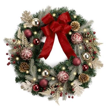 Imagem de Valery Madelyn Guirlanda de Natal pré-iluminada para porta da frente com luz, guirlanda de Natal grande iluminada de 61 cm com bola de Natal dourada vermelha para lareira, janela, mesa ao ar livre