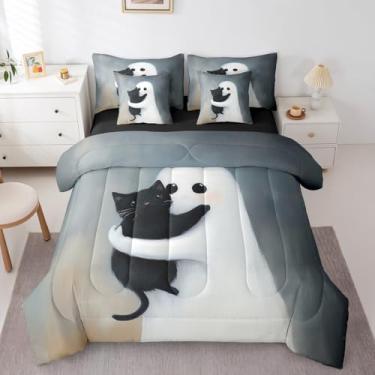 Imagem de Erosebridal Jogo de cama Queen com tema de desenho animado de Halloween e gato preto em uma bolsa com lençol com estampa de fantasma branco gótico, 7 peças, decoração de férias