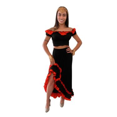 Imagem de Fantasia Cigana Adulto Feminina Conjunto Espanhola Dança do Ventre Dançarina Flamenco Bailarina Traje Festa Flamenca